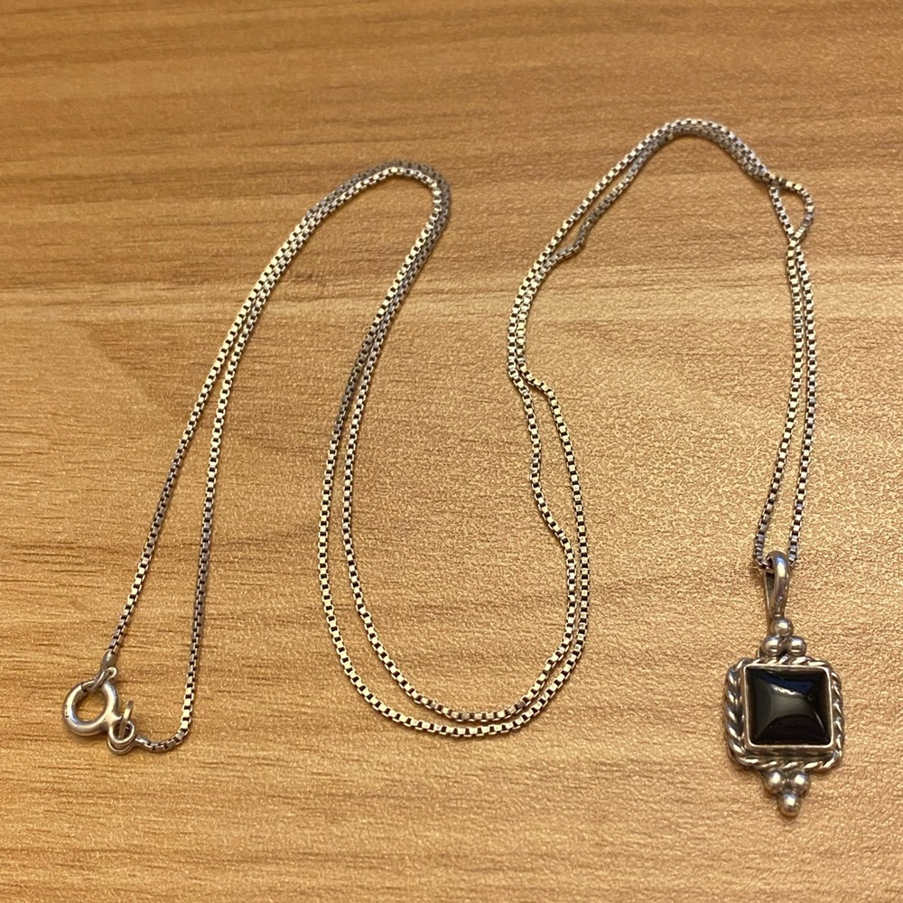 Vintage Navajo Onyx Black Pendant by Benally on a 925 sterling silver box chain